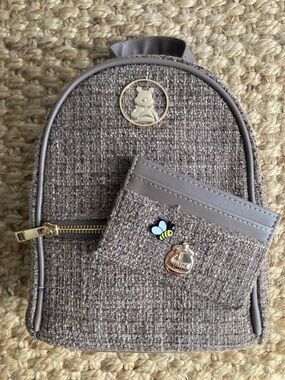New: Disney Winnie the Pooh Tweed Mini Backpack with matching Card Wallet